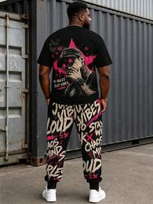 Plus Size Men's 2-Piece Set, Men's Long Pants, Graphic T-Shirt, Streetwear Series "Hip Hop Portrait Graffiti Font" Pattern Outfit - Polyester Fabric, Drawstring, Pockets, Suitable For Plus Size - Multicolor - View 1
