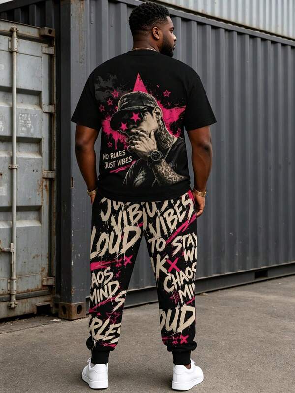 Plus Size Men's 2-Piece Set, Men's Long Pants, Graphic T-Shirt, Streetwear Series "Hip Hop Portrait Graffiti Font" Pattern Outfit - Polyester Fabric, Drawstring, Pockets, Suitable For Plus Size