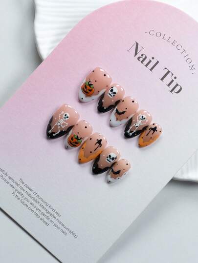 10 Pieces, 100% Handmade, Halloween Style, Each Piece Has A Unique Handmade Temperature, Subtle Differences Create Pure Handmade Short Almond Shaped Nails, Including 1 Nail File And 1 Piece Of Jelly Glue