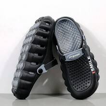 Men Women Smile Print Thick Sole Clogs, Adjustable Strap Hollow Out EVA Slip‑On Shoes, Non‑Slip Outdoor Beach Garden Slides - Black - View 1