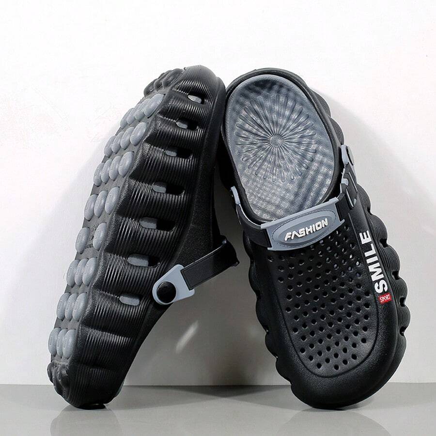 Men Women Smile Print Thick Sole Clogs, Adjustable Strap Hollow Out EVA Slip‑On Shoes, Non‑Slip Outdoor Beach Garden Slides - Black - View 1