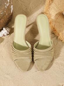 On feet& in love Women's Fashion Elegant Velvet Pleated Minimalist Versatile Open Toe Slip-On Outdoor Sandals With Thin High Heel, Suitable For Matching Dresses - Olive Green - View 6