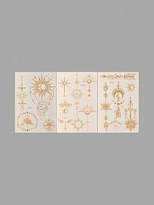 3件組金色箔海娜風格紋身貼紙，太陽、月亮、星星神祕復古元素3D金屬質感貼紙，防水持久臨時紋身貼紙，身體裝飾 - 金色 - 查看 10
