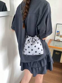 1Pc Nylon Solid Color Drawstring Bucket Bag With Polka Dot Pattern, Fashion Crossbody Shoulder Bag For Women - Grey - View 8