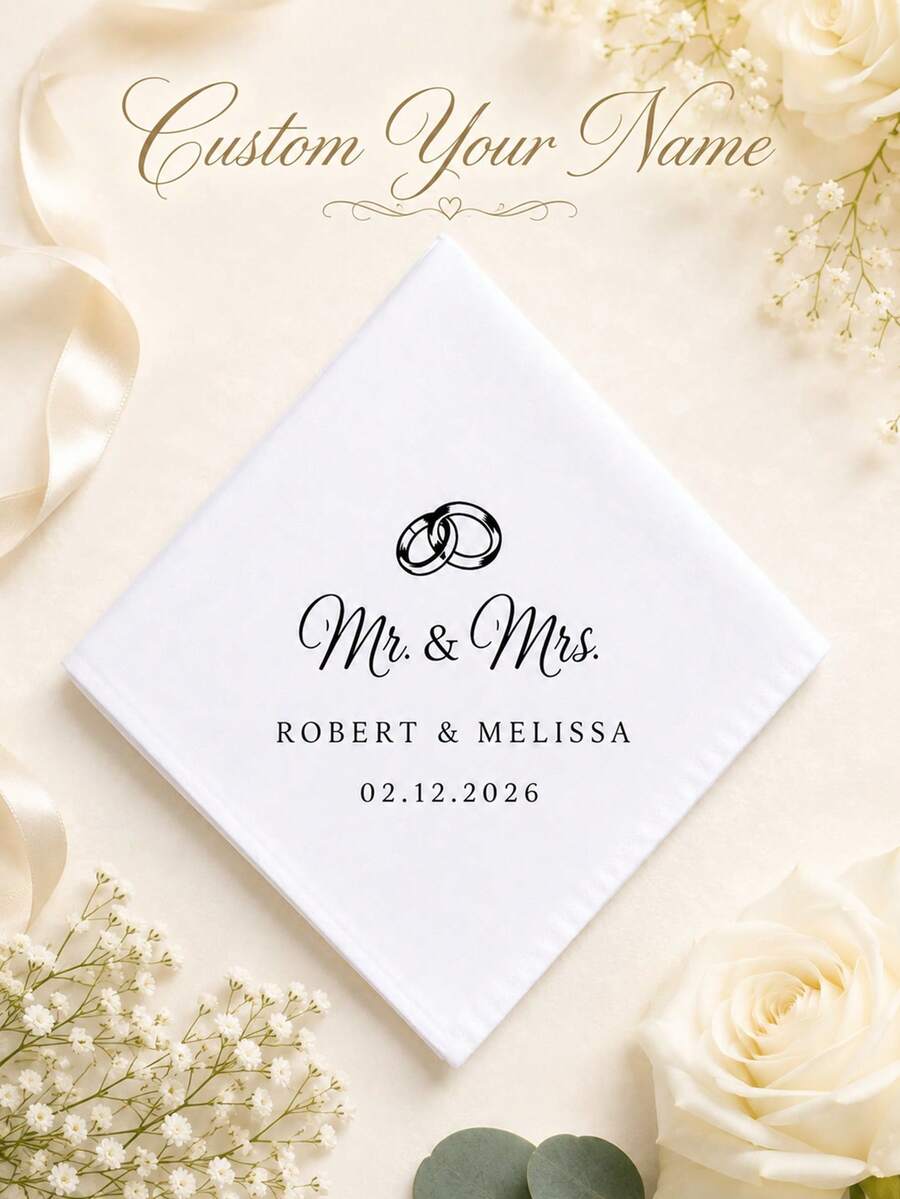 Customized Wedding Handkerchief, Valentine's Day Gift, Personalized Letter Handkerchief, Suitable For Wedding Decor, Personalized Customization, With Wedding Ring Pattern - Multicolor - View 1