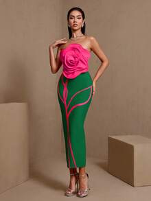 Vestido de unicolor elegante con cadena de strass, armadura, gota de agua y cristal, estilo vendaje para fiesta formal de noche, boda y otoño - Verde - Ver 7