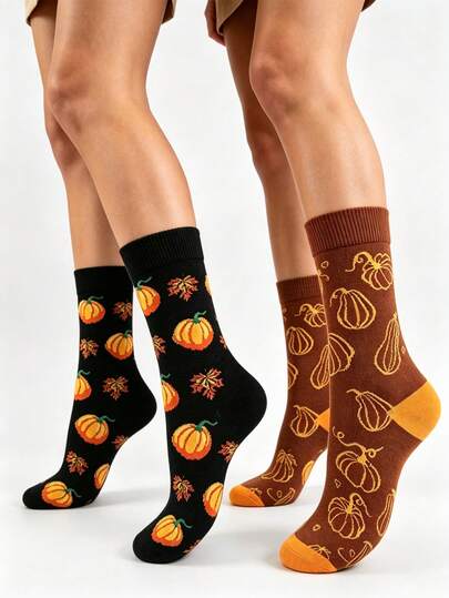 1/2 perechi de șosete jacquard până la jumătatea gambei pentru femei, cu model de dovac și frunze de arțar de toamnă, negre și maro, stil vintage de recoltă, șosete versatile tip slouch pentru studente, pentru întoarcerea la școală, Thanksgiving și Halloween, respirabile și absorbante pentru transpirație, pentru navetă și sărbători
