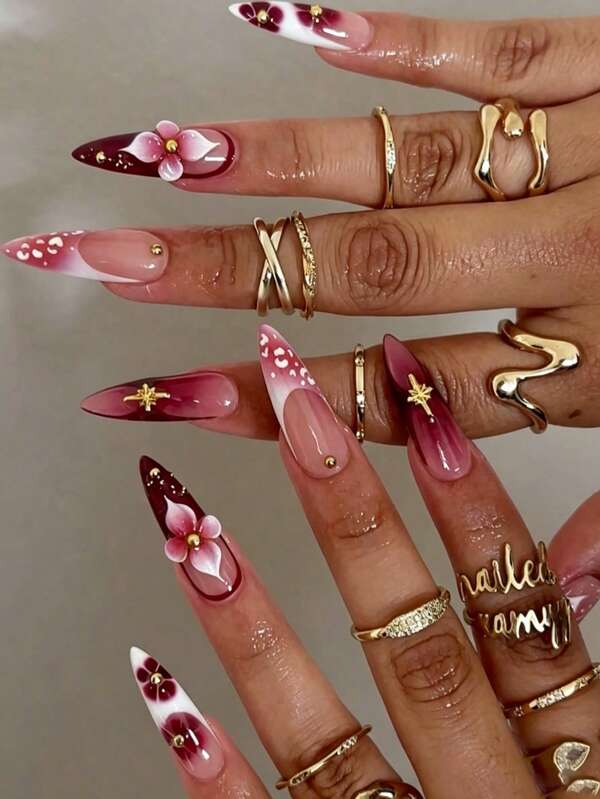 24pcs Y2K Style Long Coffin Acrylic Flower Press-On Nails, Y2K Red 3D Fake Nails With Gold Stars/Pearls, For Nail Salon, Girls And Women Daily Wear, Holiday Party, Gift