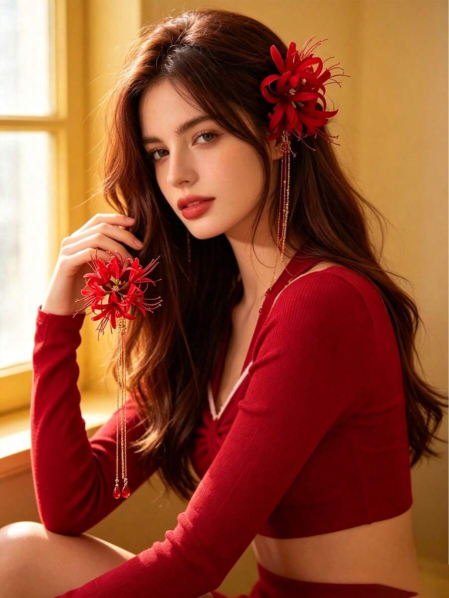 1pc Vintage Palace Style Universe Flower Long Tassel Faux Hair Clip, Suitable For Women's Daily, Date, Party Wear (Adhere Using Glue On The Back) - Multicolor - View 1