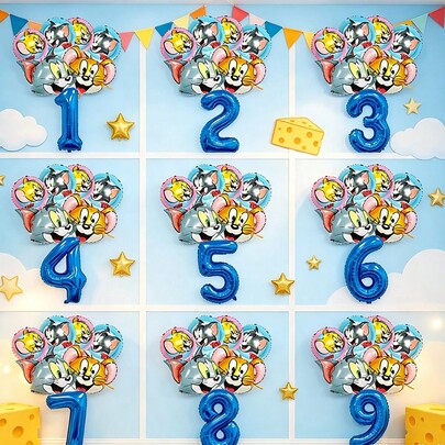 Warner Bros Tom And Jerry 氣球套組 Tom Cat Jerry Mouse 鋁箔氣球 印花圓形氣球 藍色數字 1-9 氣球 生日派對裝飾 主題派對