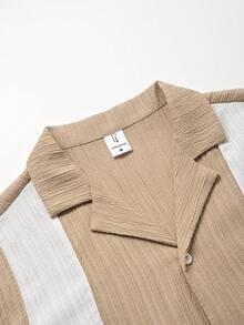 Men's Autumn 2 Pieces Set, Striped Colorblock Suit Collar Long Sleeve Shirt With Wavy Textured Casual Pants, Loose Fit For Travel, Shopping, Vacation, Daily Commute And Outings - Apricot - View 4