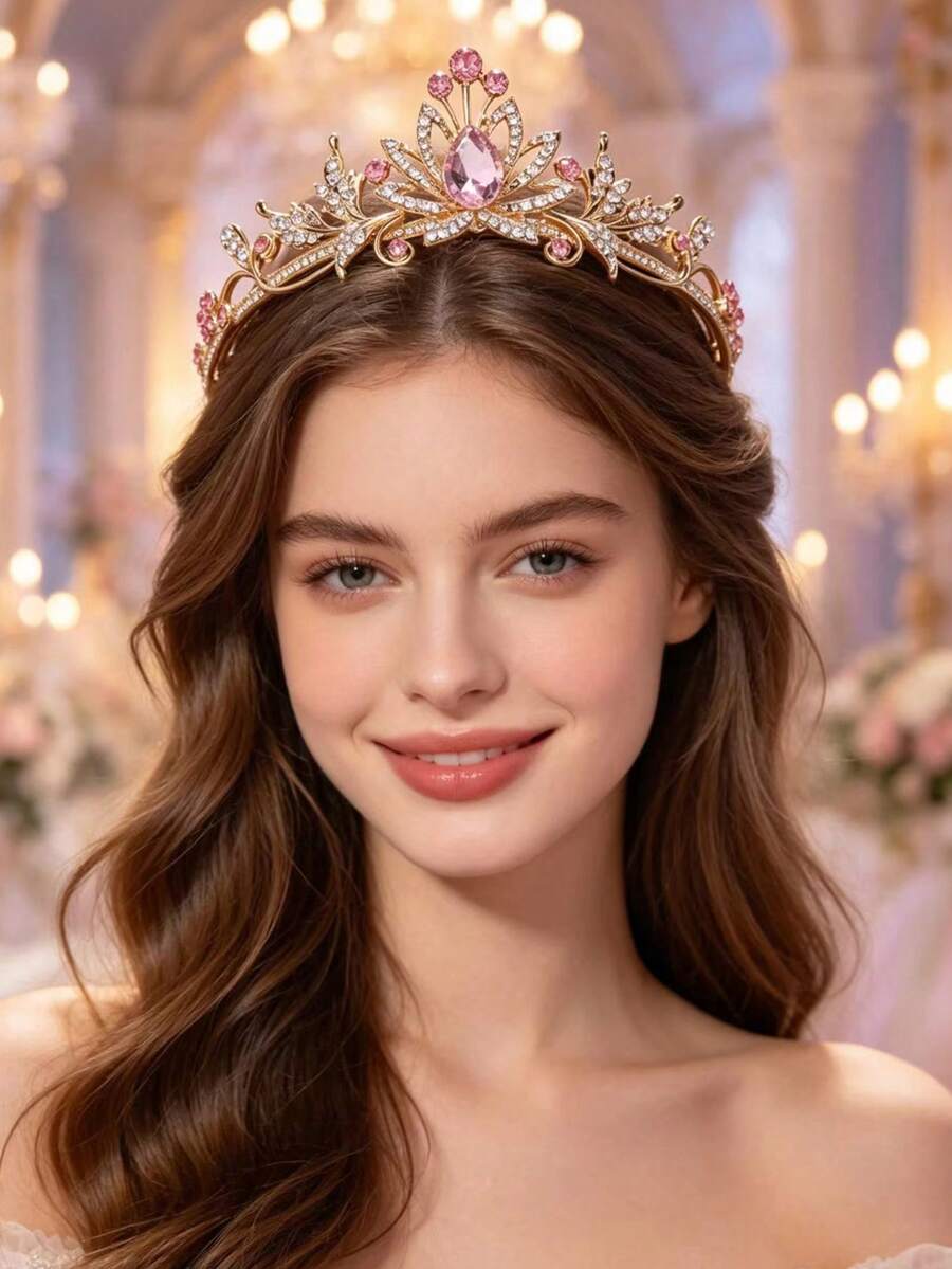 1件時尚精緻合金皇冠髮飾 女款 婚禮派對適用 - 粉色 - 查看 1