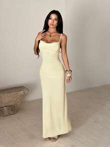 Summer Yellow Elegant Cowl Neck Backless Tie Strap Dress, Suitable For Dates, Gatherings, Parties - Yellow - View 5