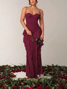 Women's Sexy Vintage Burgundy Spaghetti Strap Fitted Maxi Dress With Ruffle Mesh Detail, Elastic Knit Fabric Formal Evening Gown - Burgundy - View 2