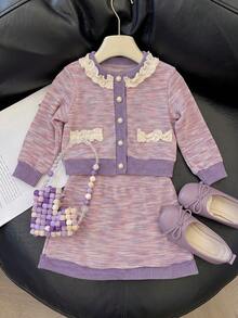Young Girls Sweet Elegant Knit Cardigan Jacket & Skirt Set 2Pcs, Colorblock Lace Trim Pearl Button Outfits Kids Fall Winter Holiday Photo Suits - Mauve Purple - View 2
