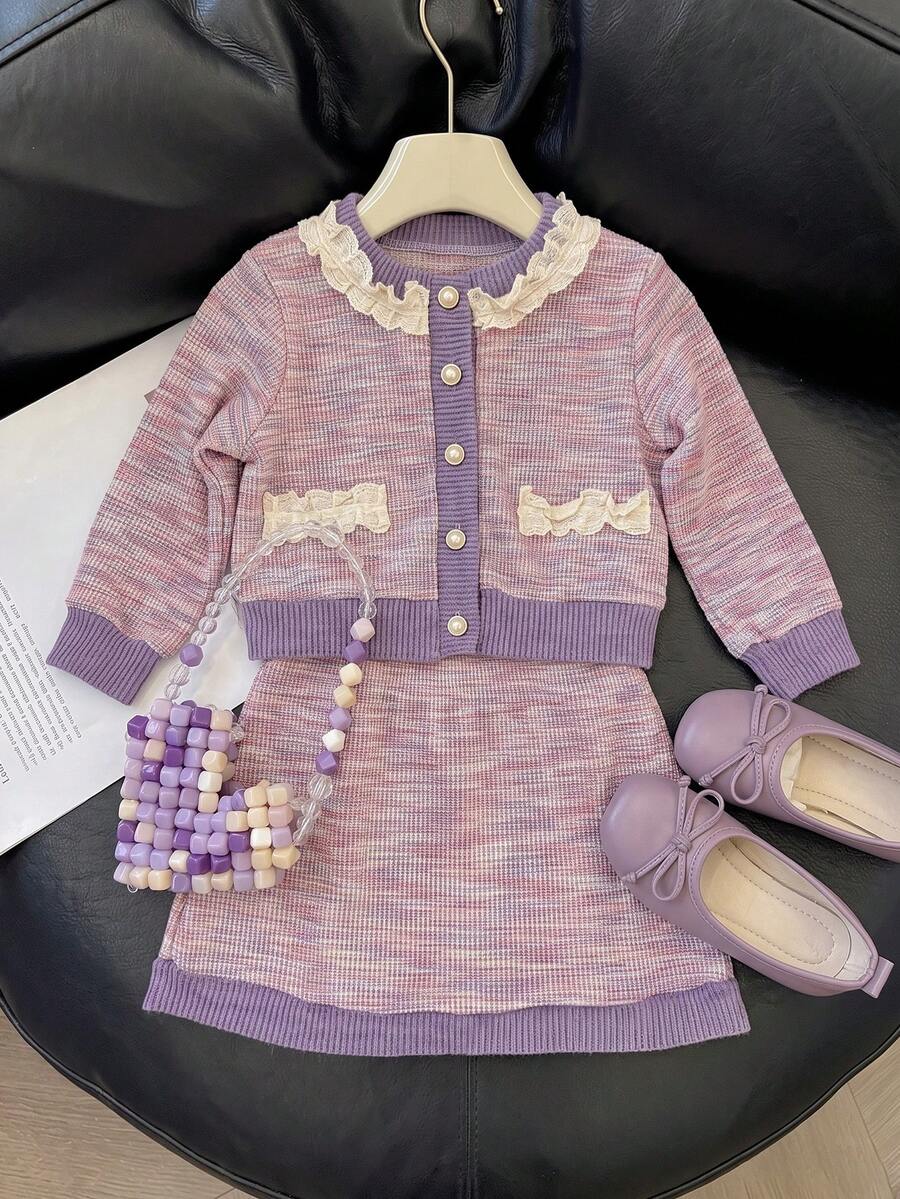 Young Girls Sweet Elegant Knit Cardigan Jacket & Skirt Set 2Pcs, Colorblock Lace Trim Pearl Button Outfits Kids Fall Winter Holiday Photo Suits