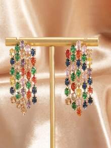 Pendientes largos de mujer de lujo con circonita colorida, brillantes y exagerados, de estilo exquisito y de moda - Multicolor - Ver 2