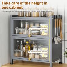 Double-Layer Microwave & Kitchen Storage Rack – Sleek Gray Metal Frame With Semi-Transparent Flip Door, Adjustable Shelf Height, Space-Saving Design For Microwaves, Spices, Cookware & Daily Essentials. Sturdy Construction Supports Up To 35 Kg Per Tie - Grey - View 5