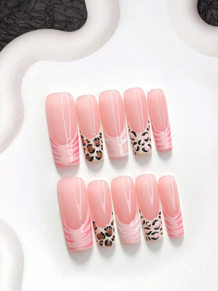 10Pcs Sweet And Cool Hot Girl Style Handmade Press On Nail,Polygel Nail Set,Leopard Print, Pink Nail Polish,Ombre Blush Style,Includes Nail Tools,3 Sizes Available,Almond Nails,Duck Nails,Coffin Nails For Party,Dance,Daily Wear. - Multicolor - View 12
