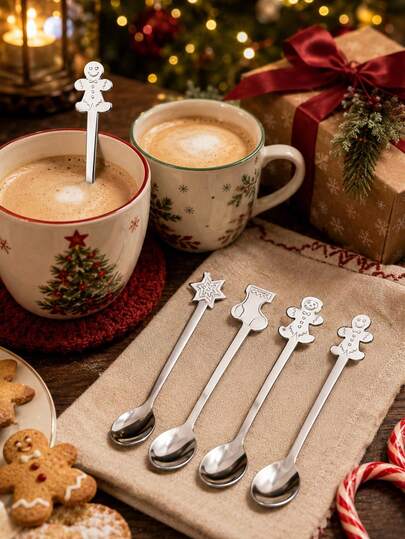 4/8pcs Christmas Stainless Steel Coffee Spoons, Creative Gingerbread Man Snowman Star Hanging Dessert Spoons, Cute Tea Stirring Spoons, Holiday Party Tableware Kitchen Utensils Decoration, Christmas Stocking Stuffer Gift
