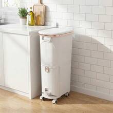 2-Tier Rolling Kitchen Waste Bin With Separate Dry & Wet Compartments – Space-Saving Slim Design, Easy-Glide Wheels, Includes 2 Removable Plastic Inner Buckets For Organized Recycling And Daily Waste Sorting - White - View 2