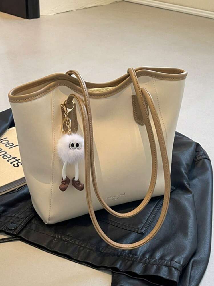 Tas Tote Bahu Wanita, Warna Polos & Dua Warna, Gantungan Boneka Monster Mewah, Penutup Resleting, Kapasitas Besar, Cocok untuk Perjalanan, Kantor Sehari-hari & Belanja - Khaki - View 6