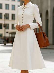 Women's Spring/Autumn Elegant Solid Color Lapel Long Sleeve A-Line Fashion Minimalist Dress White - White - View 4