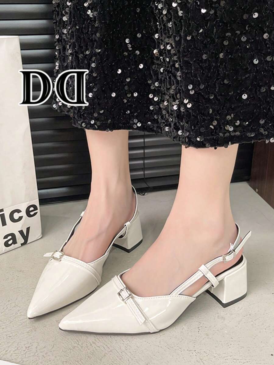 Pointed Toe Block Heel Slingback Pumps, Rhinestone Buckle Decor Slingback Shoes, Retro Street Style Dress Matching Daily Footwear - White - View 1