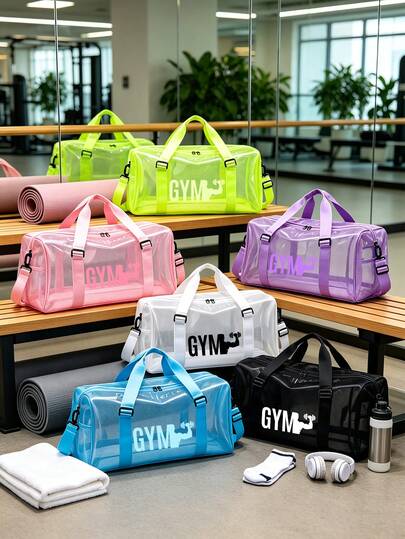 Dopamine Colorful GYM Dumbbell Print Mesh Fitness Bag, 6 Colors Available, Transparent Large Capacity Dry-Wet Separation Training Cylinder Bag, Handheld Crossbody Dual Strap Design, Storage For Yoga Mat, Sports Shoes, Swimwear, Suitable For Gym Workout, Swimming, Soaking, Cycling, Hiking, Campus Sports Class, Fit For Fitness Men And Women, Students, Sports Enthusiasts, Commuters, Birthday, Fitness Gift Practical Item, Swimming Bag, Travel Luggage Bag, Yoga Training Storage Bag, Large Capacity Fitness Luggage Bag