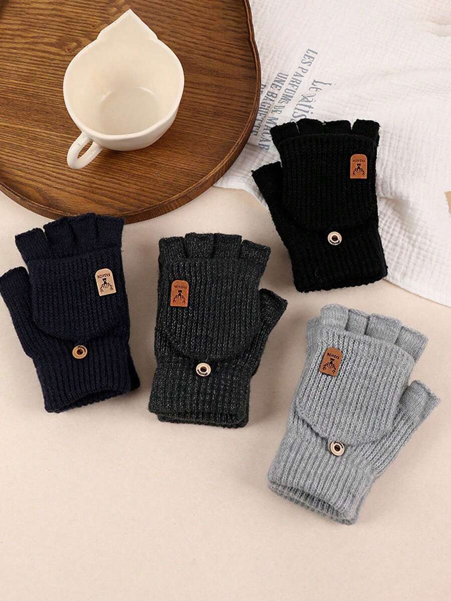 Winter Thick Knitted Half-Finger Flip-Cover Touchscreen Student Writing Gloves - Multicolor - View 1
