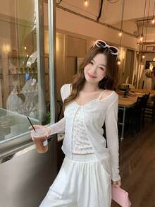 Korean Style White Off-Shoulder Long Sleeve T-Shirt Women's Summer Sun Protection Sheer Top Floral Camisole Set - White - View 10