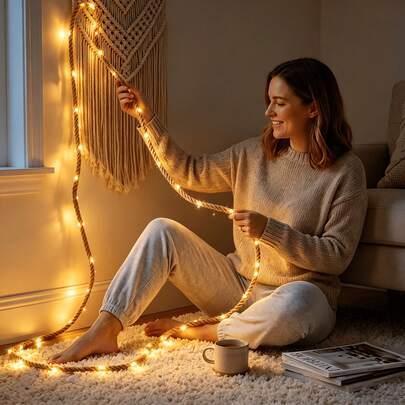 20-30LEDS Hemp Rope LED String Lights Warm White, Battery Operated (Batteries Not Included), Indoor Decor Fairy Lights, Wall Hanging Ornament For Bedroom, Bookshelf, Dorm, Shop, Party, Birthday, Wedding, Thanksgiving, Christmas Festival Decoration