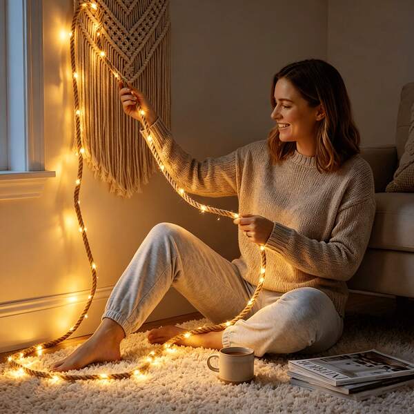 20-30LEDS Hemp Rope LED String Lights Warm White, Battery Operated (Batteries Not Included), Indoor Decor Fairy Lights, Wall Hanging Ornament For Bedroom, Bookshelf, Dorm, Shop, Party, Birthday, Wedding, Thanksgiving, Christmas Festival Decoration