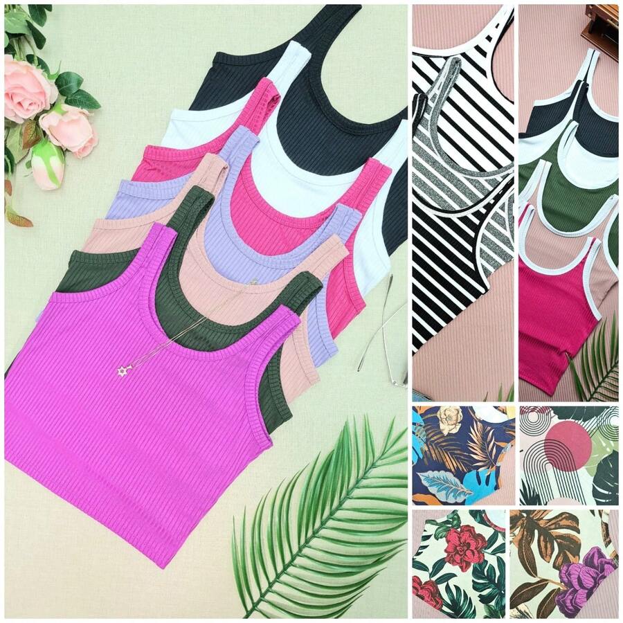 KIT4 Blusa Feminina TOP cropped Simples básico Regata Regata Sólido malha canelada - KIT4 top Cores enviados aleatoriamente - Visão 1