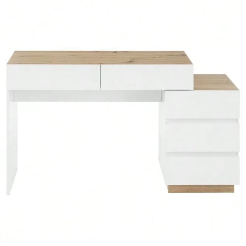 5-Drawer Desk, Dressing Table, Storage Function, For Bedroom, E1 Particle Board, White+Oak - 白色 - 查看 1