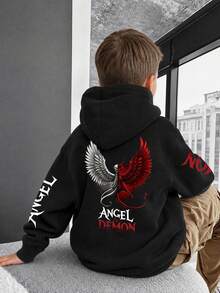 1pc Tween Boy Dark Style Angel & Demon Double Wing Print Hooded Sweatshirt, Black Loose Fit Pullover Top For Kids, Spring/Autumn - Black - View 2