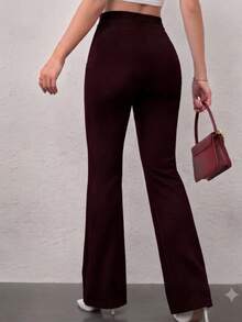 Pantalón Wide  Elegante Con Pinzas Frontales Y Tiro Alto - Pantalón De Vestir  Para Mujer POLIESTER . Pantalón Sastre De Cintura Alta Que Estiliza La Figura.. - Burdeos - Ver 3