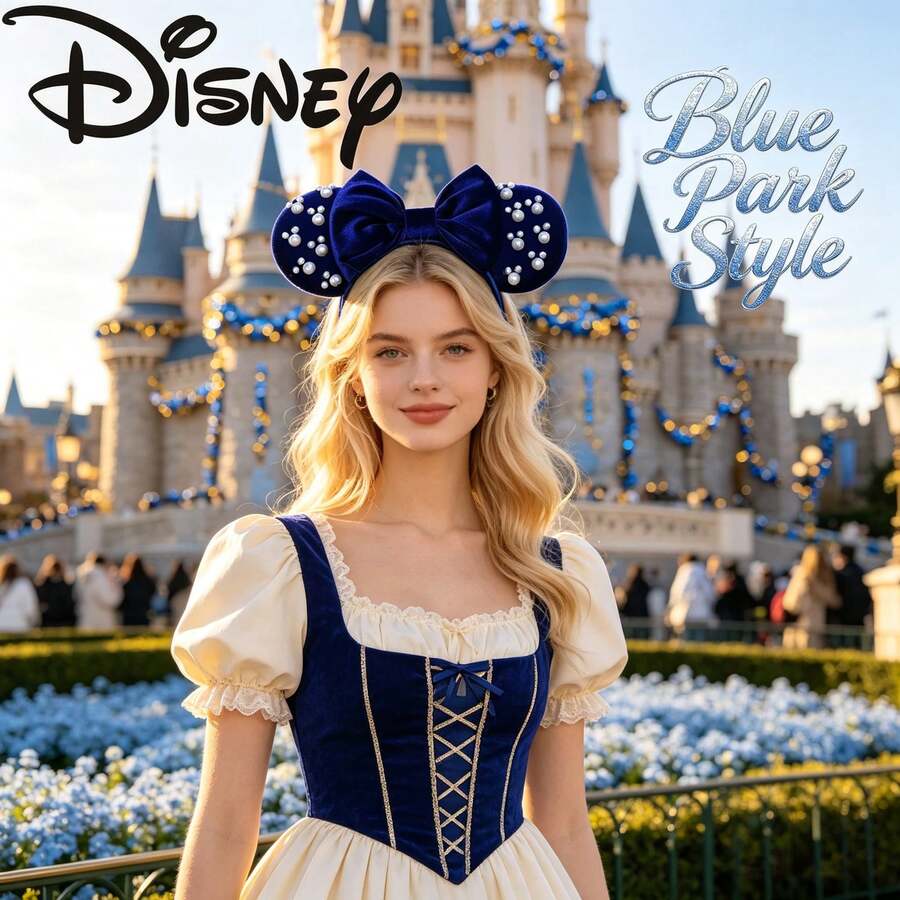 Disney Navy Blue Velvet Pearl Minnie Ears Headband, Classic Bow Pearl Hairband For Daily Park Travel - Multicolor - View 1