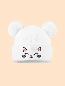 1PC Toddler Cartoon Cat Embroidered Double Pom Pom Knitted Hat, Foldable Soft Warm Beanie, Suitable For Toddler Daily Outings Winter Hat - Multicolor - View 4