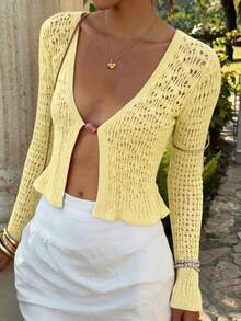 Summer Women Fashion Orange Cut-Out Knit V-Neck Flared Sleeve Open Front Casual Top Suitable For Dates, Vacations, And Going Out Outfits - Yellow - View 7