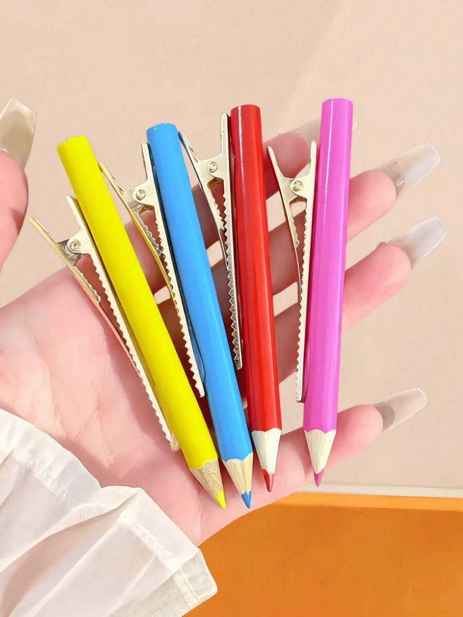 4PCS Colorful Realistic Pencil Hair Clips, Pencil Side Clips, Funny Quirky Hair Accessories, Multi-Color Pencil Alligator Hair Clips, Realistic Stationery Hair Accessories, Personalized Quirky Hair Accessories - Multicolor - View 1