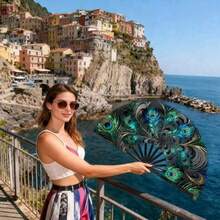 1PC Peacock Feather Handheld Fan, Gorgeous High-End Material, Suitable For Carnival, Festivals, Gifts For Friends And Music Lovers, Versatile For - Black - View 5