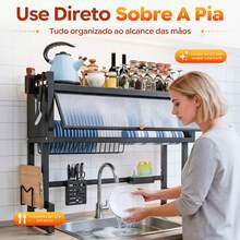 Sing-e Escorredor de Louça Suspenso  Andares – Ajustável 65-105cm, com Porta Retrátil e 5 Acessórios, Organizador de Pia em Aço Antiferrugem - 95cm Preto (Conjunto) - Visão 4