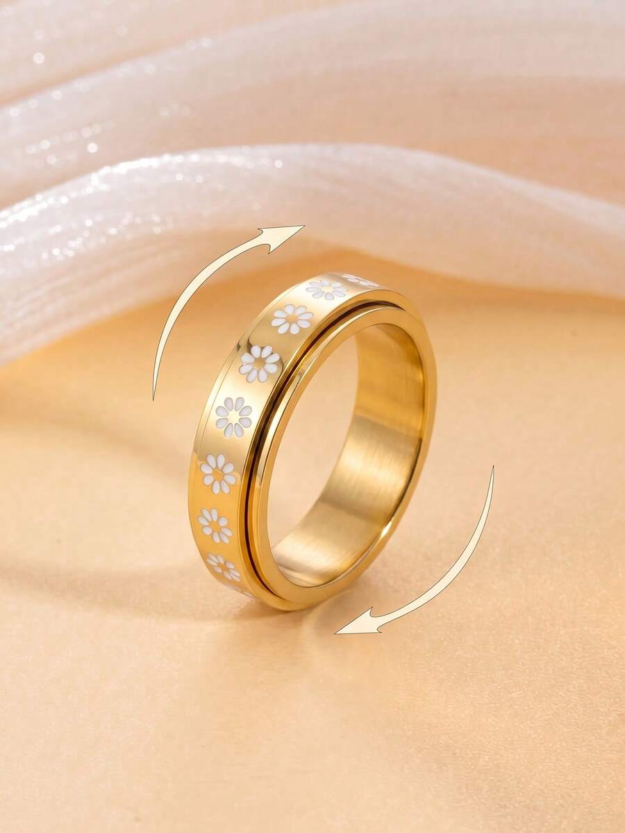 1 pieza Anillo giratorio de doble anillo de acero inoxidable con flor, anillo de la suerte - Dorado - Ver 1