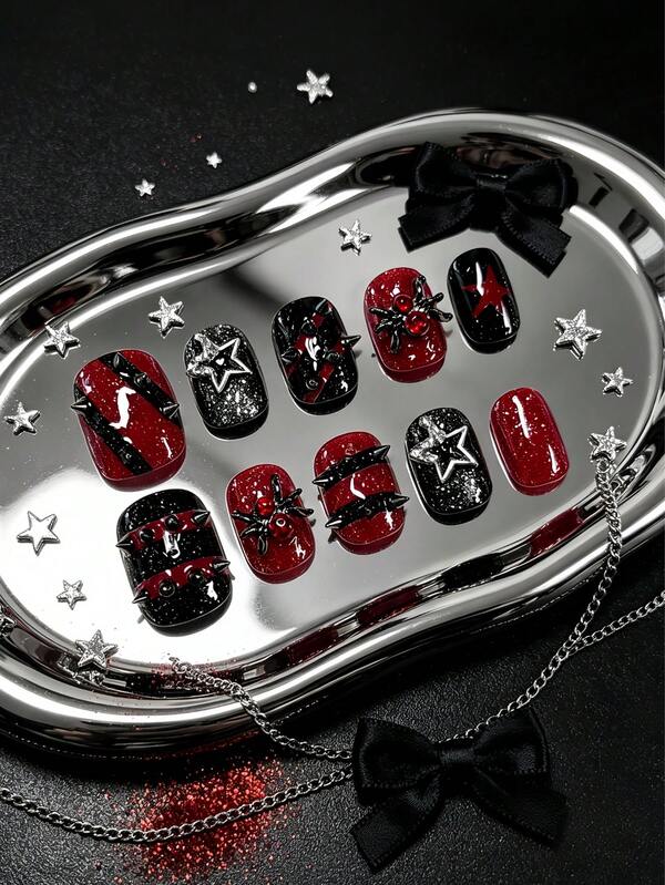 10pcs Short Square Round Wearable Nails, Burgundy Fine Glitter 3D Black Silver Spider Red Zirconia Rhinestone Nail Tips, Halloween Punk Style Electronic Music Festival Atmosphere Nails, Y2K Subculture Street Style Photo-Ready False Nails, Includes 1pc Jelly Glue And 1pc Nail File
