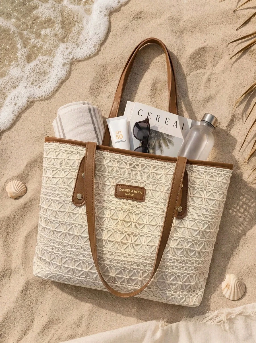 European & American Cross-Border Personalized College Style Large Capacity Commuter Straw Bag, Women Summer New Fashion Contrast Color Underarm Bag, - Brown - View 1