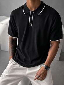 Men's Regular Shoulder Short Sleeve Half-Button Casual Summer Versatile Knit Sweater - Black - View 1