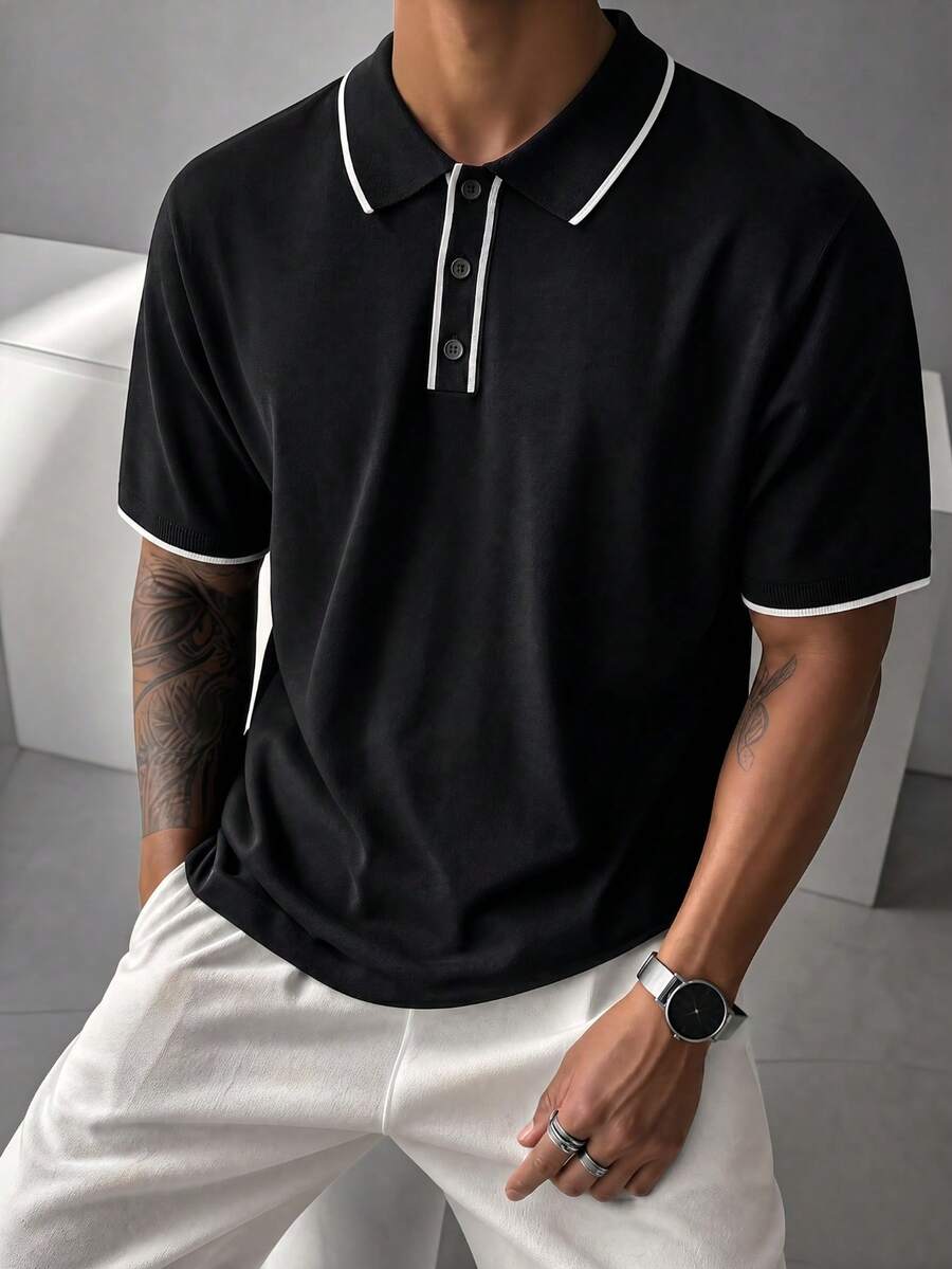 Men's Regular Shoulder Short Sleeve Half-Button Casual Summer Versatile Knit Sweater - Black - View 1