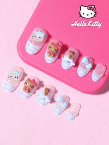 Sanrio Hello Kitty 24片短橢圓藍色格紋法式穿戴甲，附可愛3D Hello Kitty、蝴蝶結與海豚設計，完美貼合壓克力假指甲組，含1片果凍膠與1片指甲锉，適合女孩日常與派對使用 - 彩色 - 查看 2