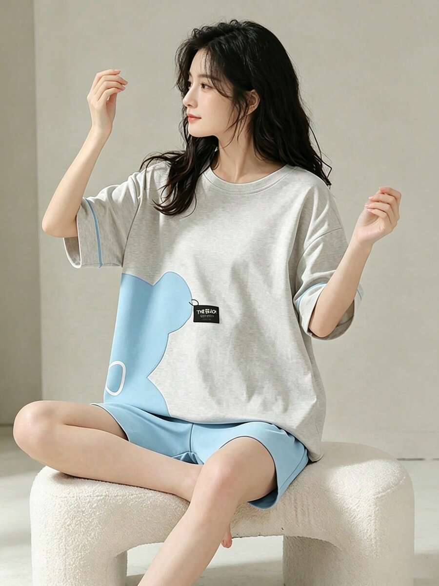 Cute Bear And Color Block Print Pajama Set, Casual Short Sleeve Crew Neck T-Shirt And Pocket Shorts, Women's Sleepwear Loungewear 2-Piece Set - Multicolor - View 1